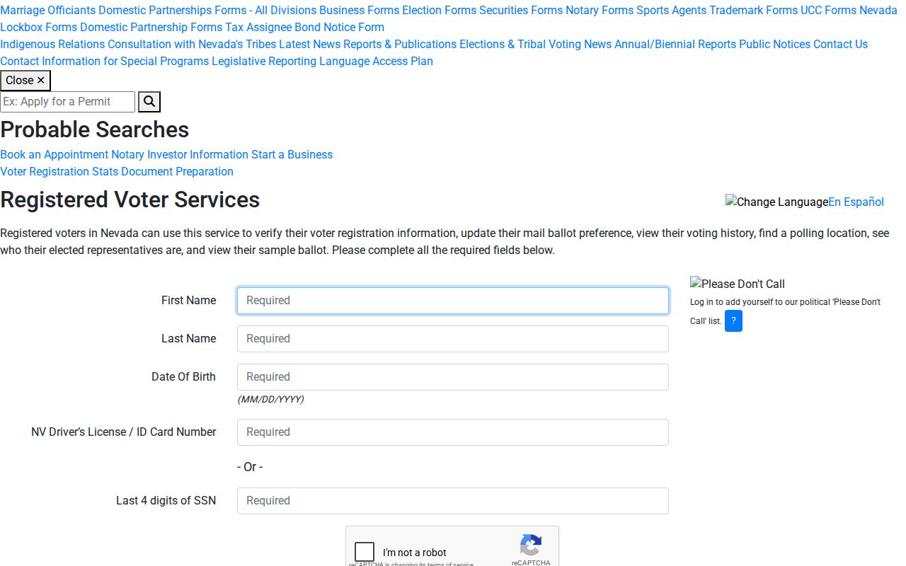Nevada statewide lookup for Paradise voter registration records